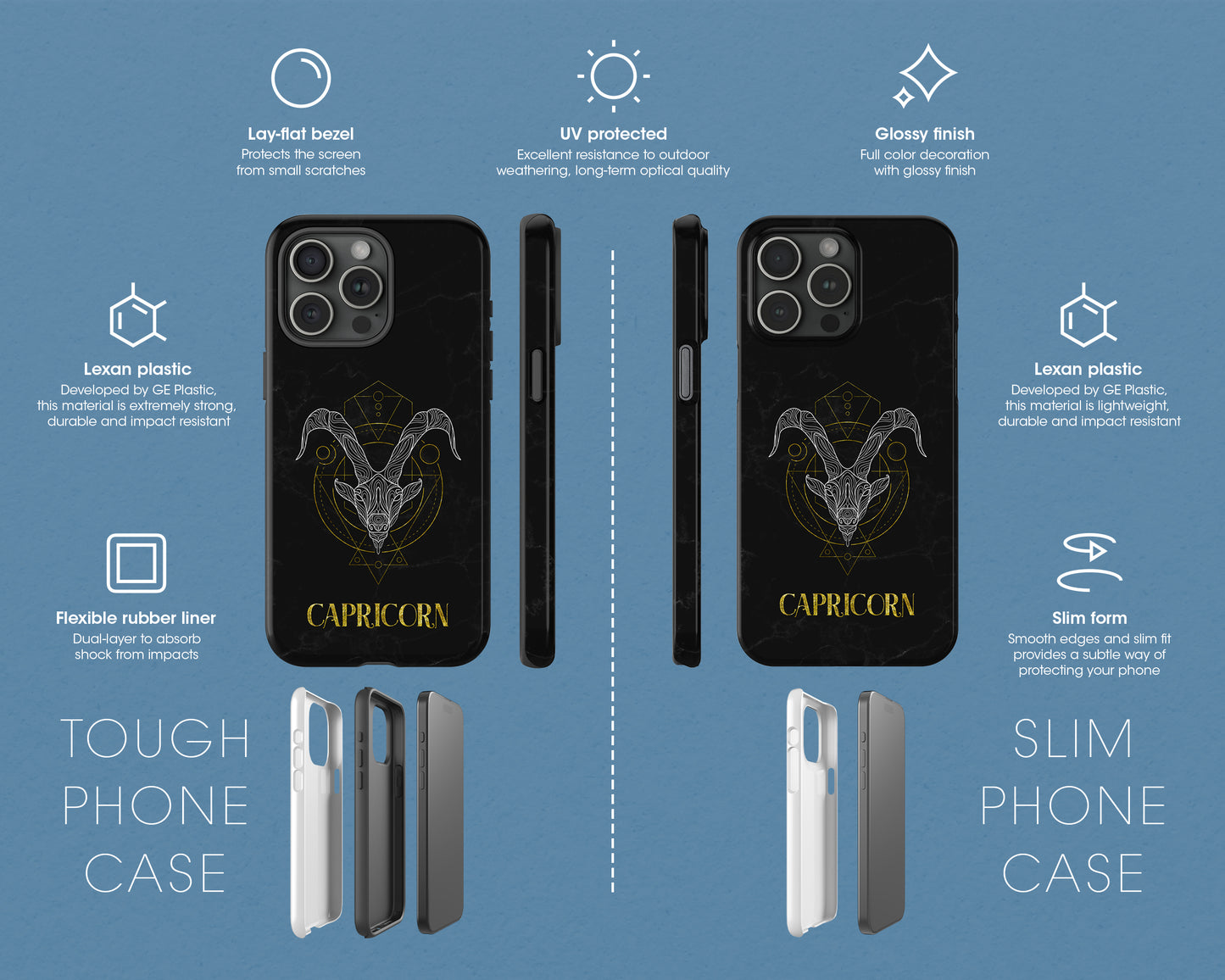 Capricorn Zodiac sign golden line art black marble iPhone case