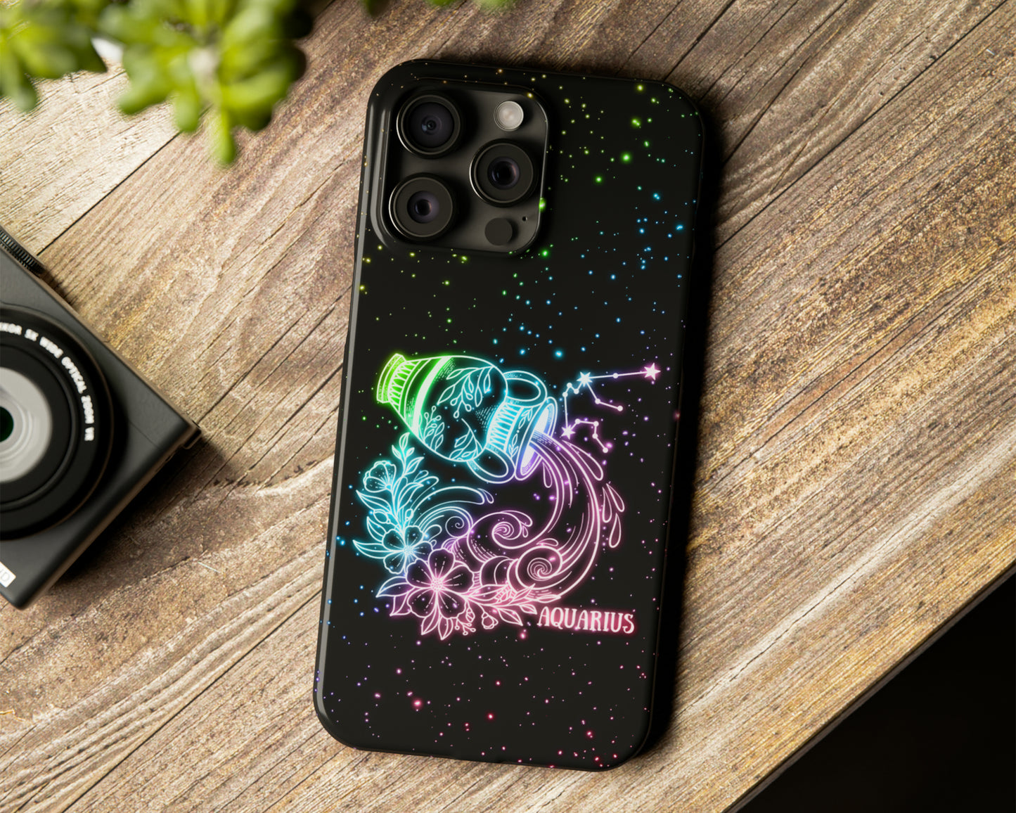 Aquarius Zodiac sign glowing starry sky iPhone case