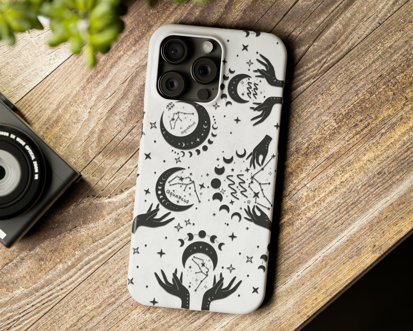 Aquarius Zodiac sign black celestial symbols on white background iPhone case