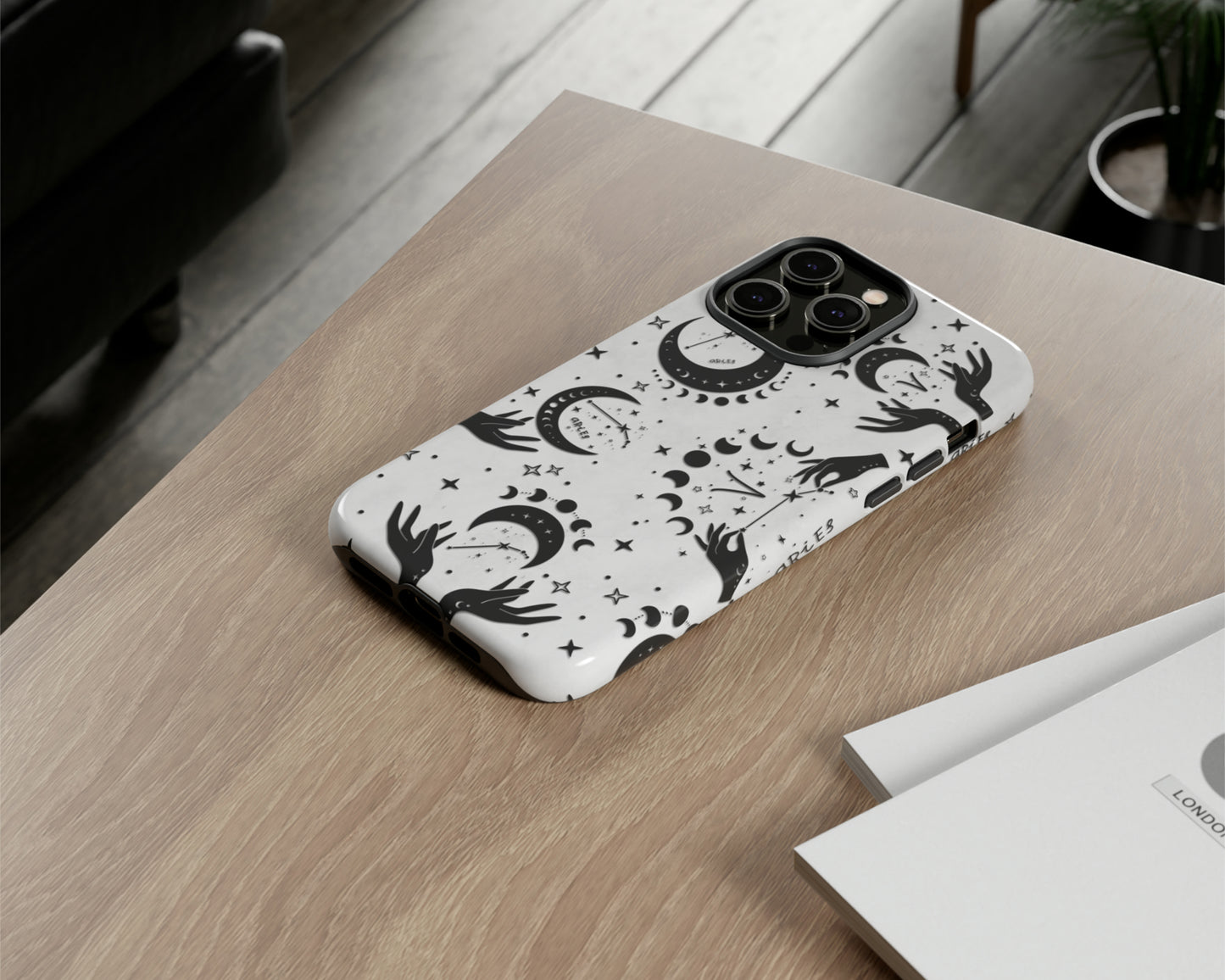 Aries Zodiac sign black celestial symbols on white background iPhone case