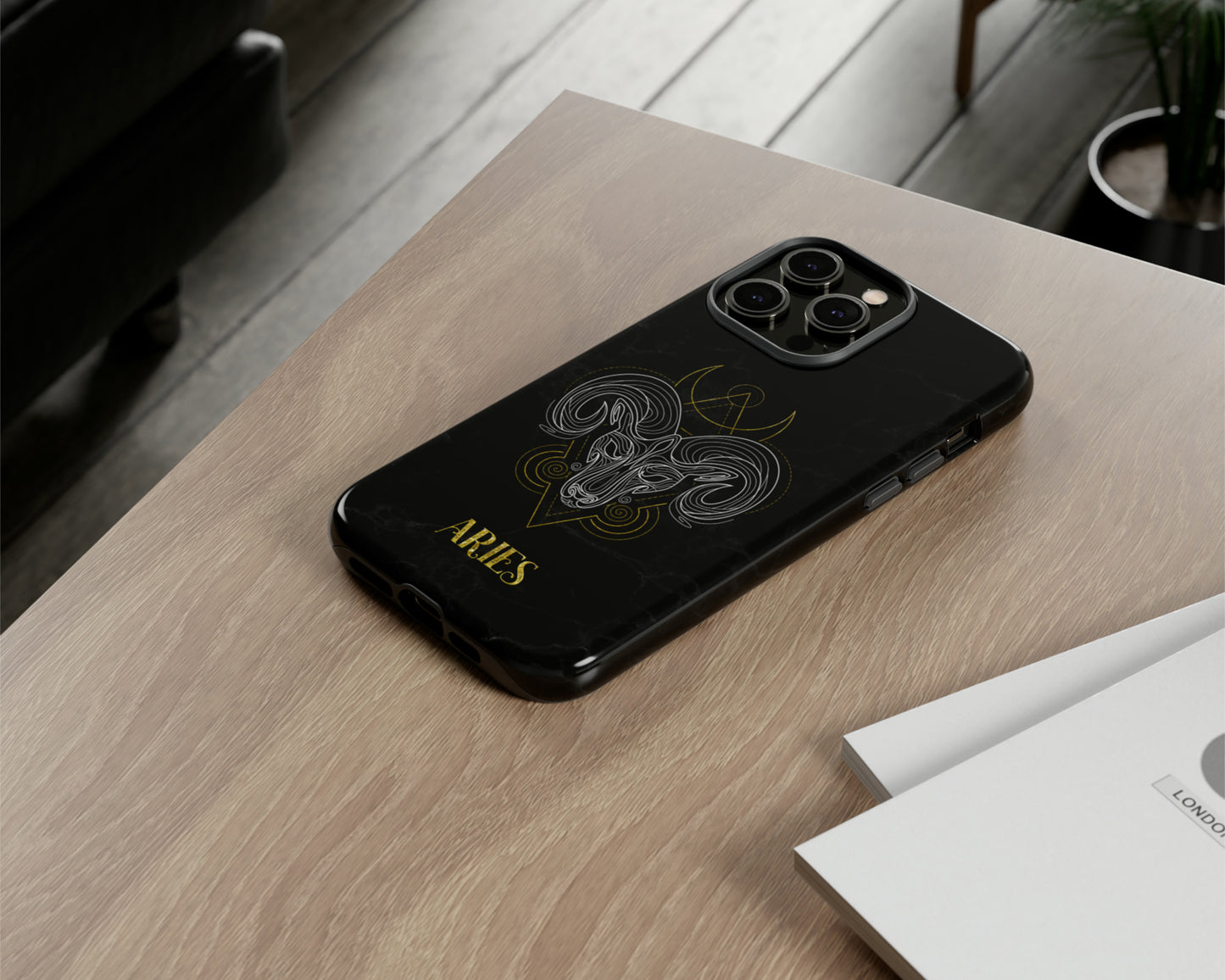 Aries Zodiac sign golden line art black marble iPhone case