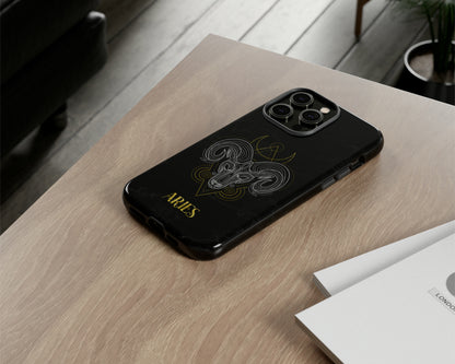 Aries Zodiac sign golden line art black marble iPhone case