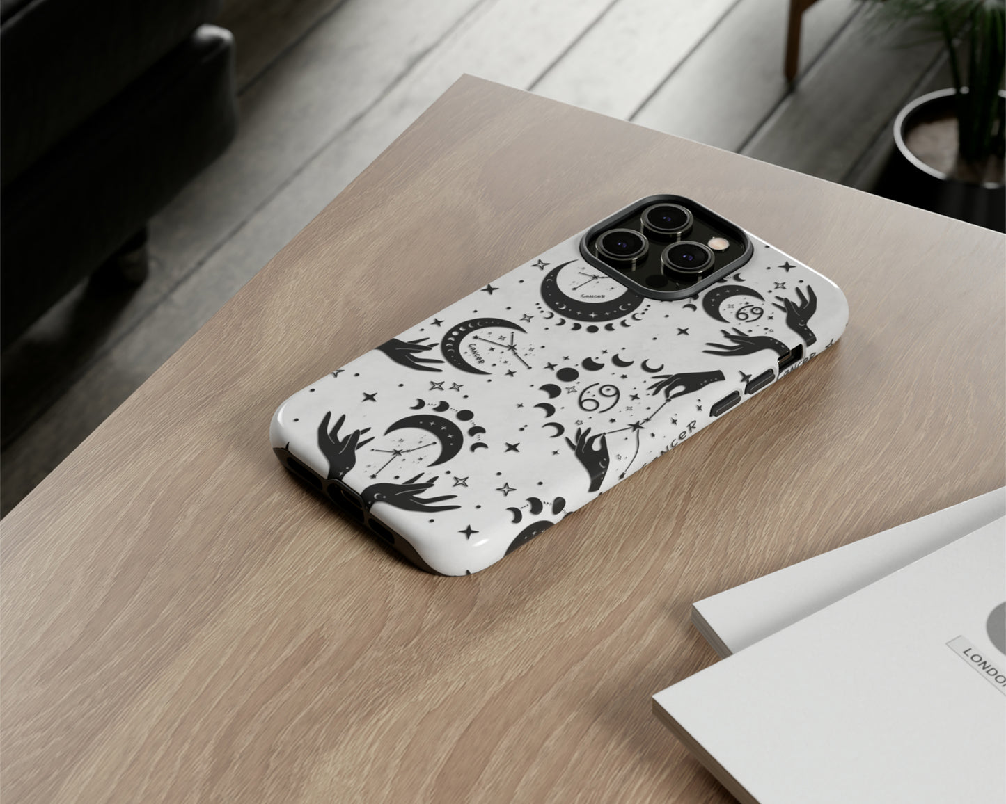 Cancer Zodiac sign black celestial symbols on white background iPhone case