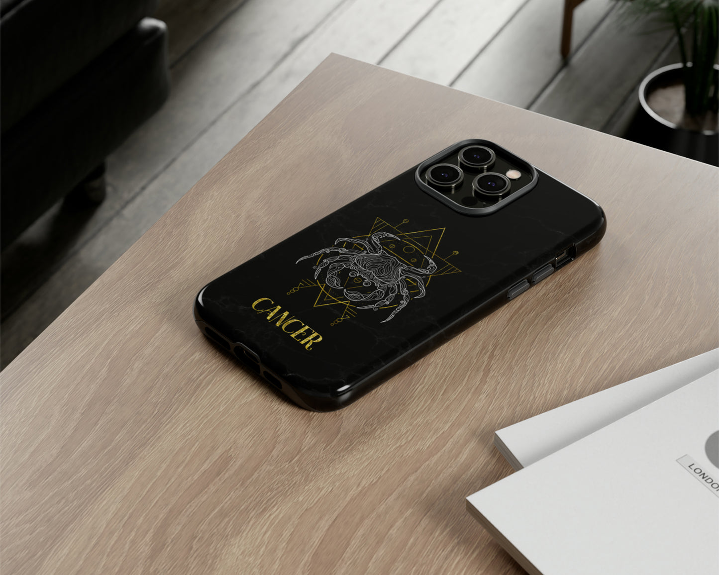 Cancer Zodiac sign golden line art black marble iPhone case