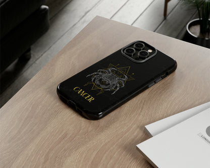 Cancer Zodiac sign golden line art black marble iPhone case