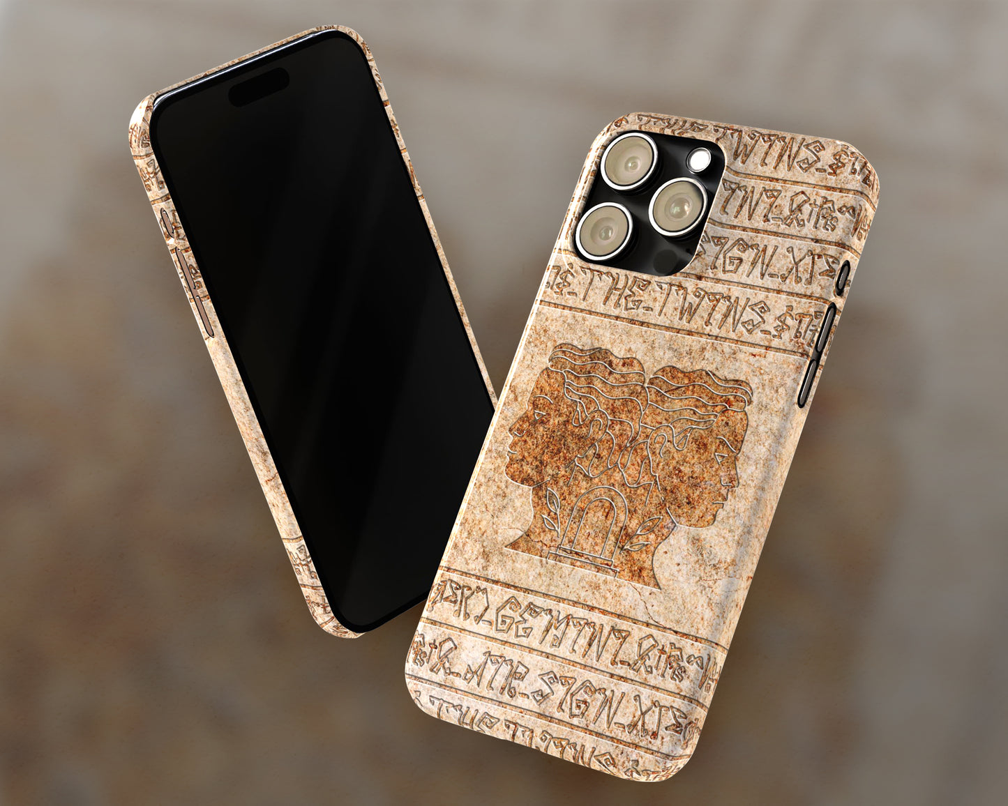 Gemini Zodiac ancient hieroglyphics on stone iPhone case