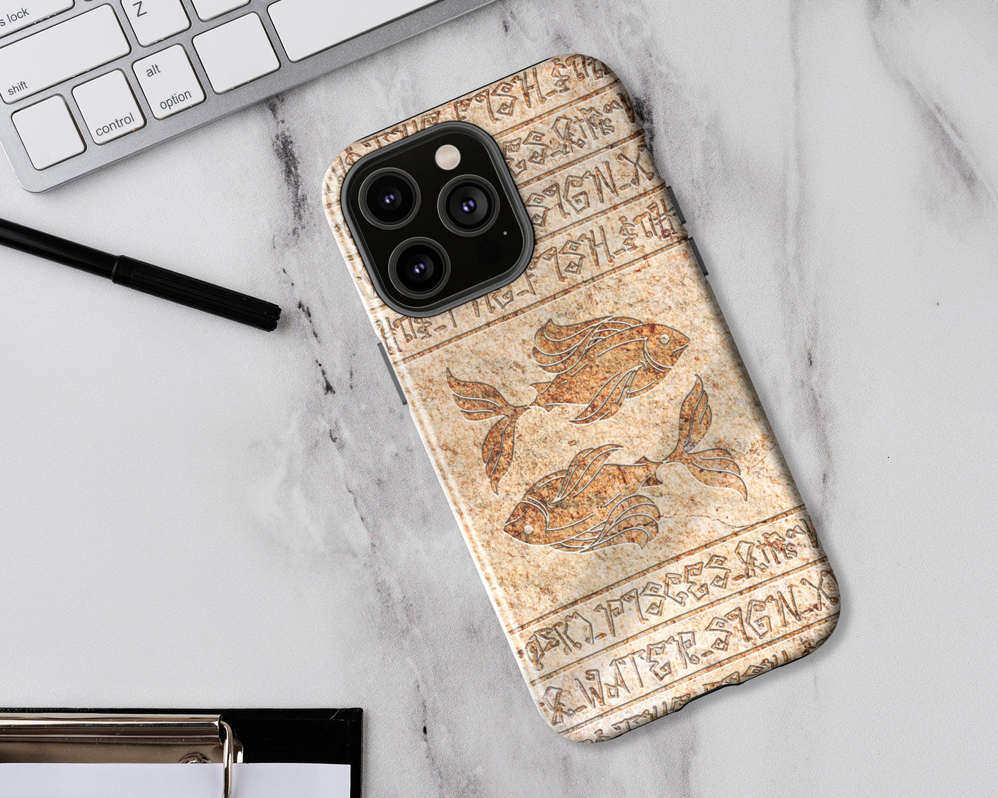 Pisces Zodiac ancient hieroglyphics on stone iPhone case