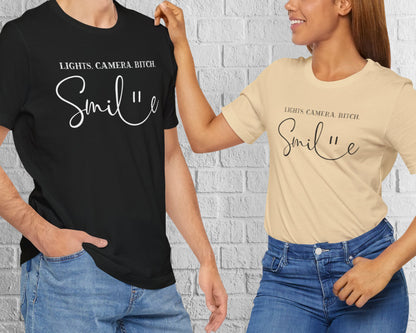 Lights, camera, bitch, smile unisex jersey short sleeve t-shirt