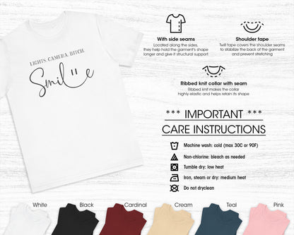 Lights, camera, bitch, smile unisex jersey short sleeve t-shirt