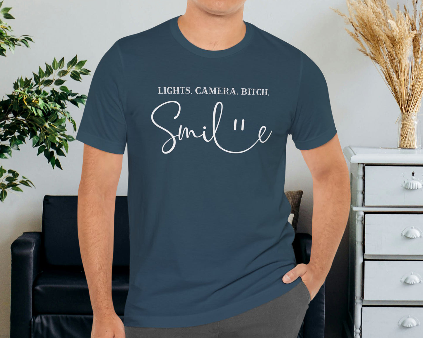 Lights, camera, bitch, smile unisex jersey short sleeve t-shirt