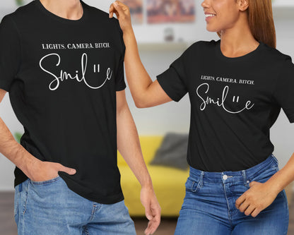 Lights, camera, bitch, smile unisex jersey short sleeve t-shirt