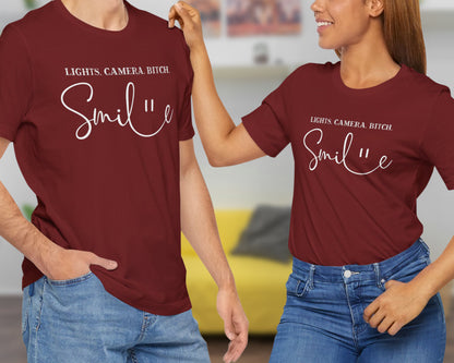 Lights, camera, bitch, smile unisex jersey short sleeve t-shirt