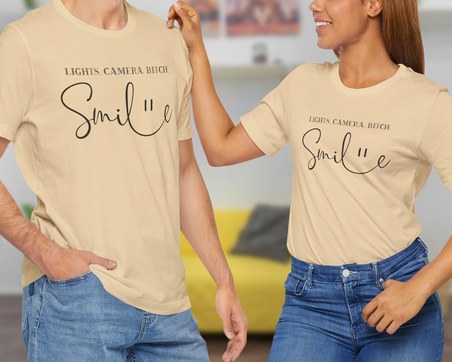 Lights, camera, bitch, smile unisex jersey short sleeve t-shirt