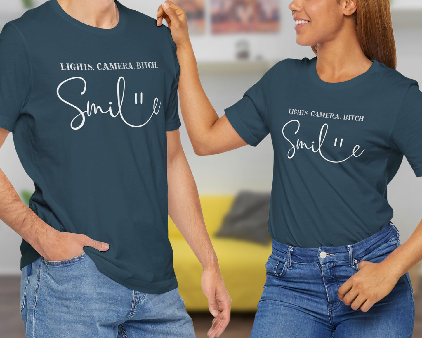 Lights, camera, bitch, smile unisex jersey short sleeve t-shirt
